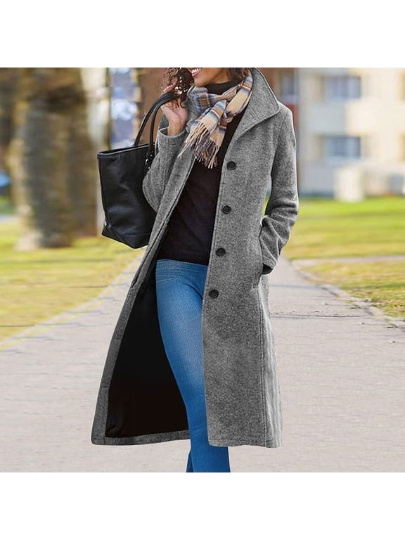 Women's Wool Blend Pea Coat with Stand Collar, Inner Lining, and Button Front, Long Sleeve Casual Outerwear for Daily Wear and Cold Weather