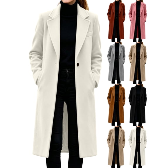 Women's Wool Blend Pea Coats Lapel Long Sleeve Coats Button Down Casual Work Fall Winter Loose Woolen Long Coats
