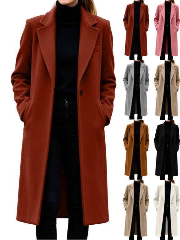 Women's Wool Blend Pea Coats Lapel Long Sleeve Coats Button Down Casual Work Fall Winter Loose Woolen Long Coats
