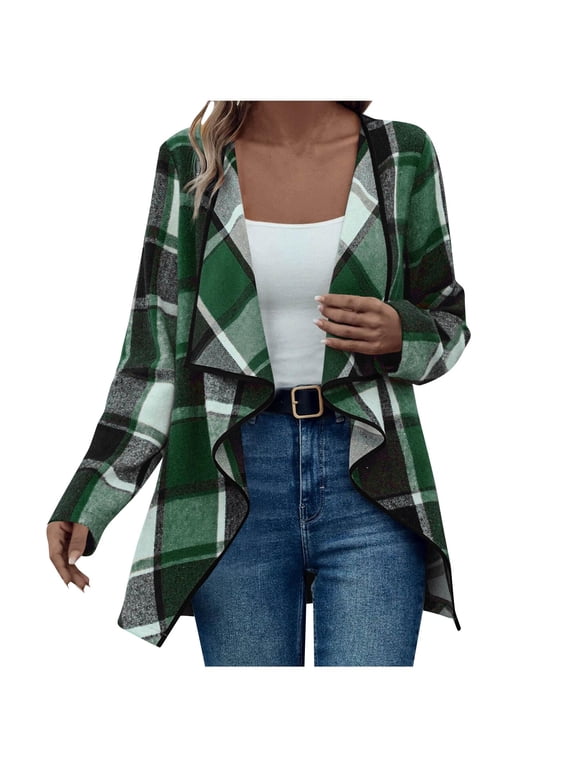 Women’s Wool Blend Plaid Cardigan Open Front Long Sleeve Shawl Collar Knit Shacket Buffalo Check Fall Sweater Jacket Fashion Outerwear,Green,S