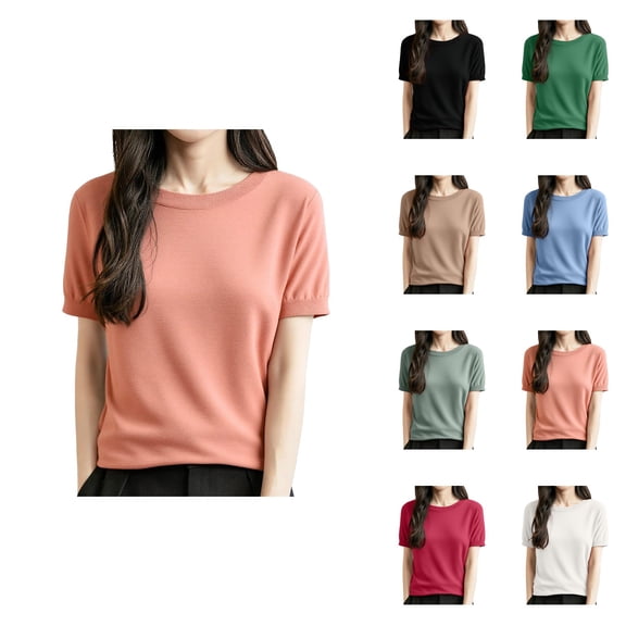 Women's Wool Blend Short Sleeve Crew Neck Lightweight Pullover Blouse – Summer Fall Loose Fit Business Casual Top