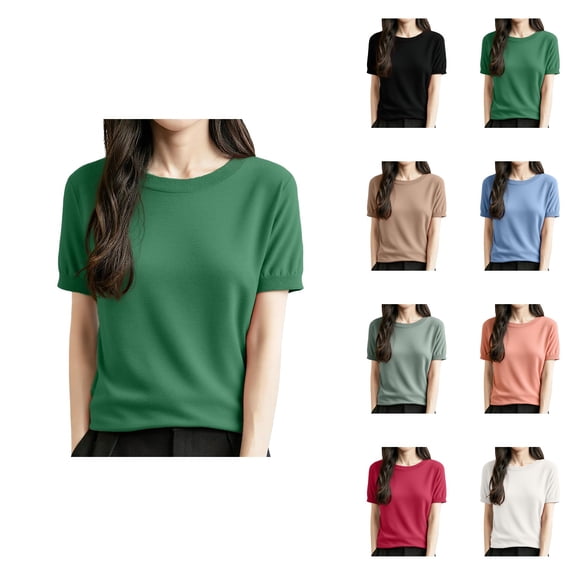 Women's Wool Blend Short Sleeve Crew Neck Lightweight Pullover Blouse – Summer Fall Loose Fit Business Casual Top