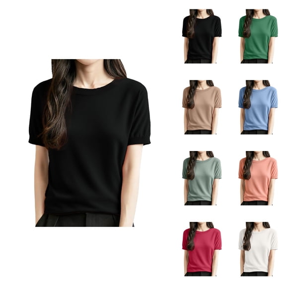 Women's Wool Blend Short Sleeve Crew Neck Lightweight Pullover Blouse – Summer Fall Loose Fit Business Casual Top