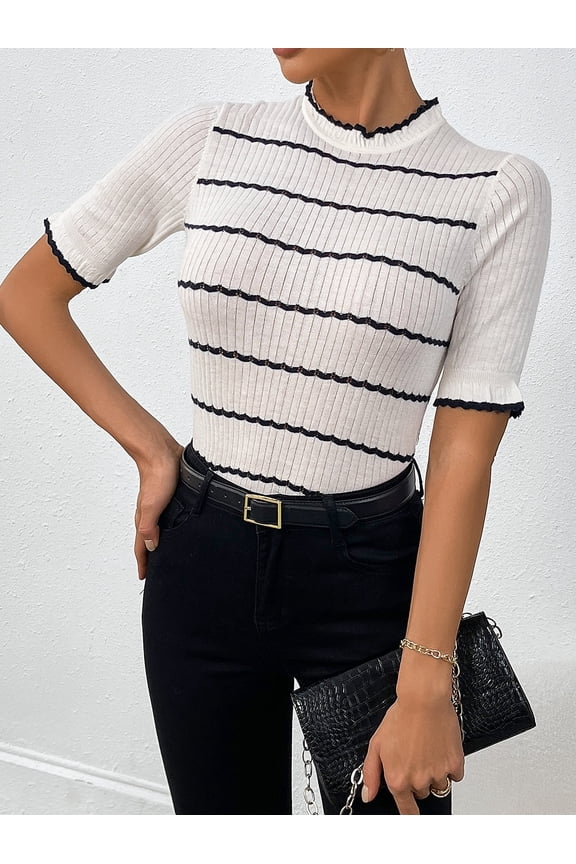 Women's Wool Blend Striped Rib Knit Half-Sleeve Pullover - Classic French Style Mock Neck Sweater