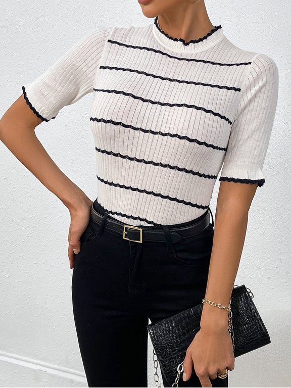 Women's Wool Blend Striped Rib Knit Half-Sleeve Pullover - Classic French Style Mock Neck Sweater