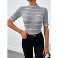 thumbnail image 1 of Women's Wool Blend Striped Rib Knit Half-Sleeve Pullover - Classic French Style Mock Neck Sweater, 1 of 5