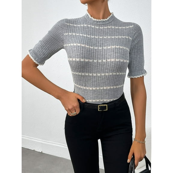 Women's Wool Blend Striped Rib Knit Half-Sleeve Pullover - Classic French Style Mock Neck Sweater