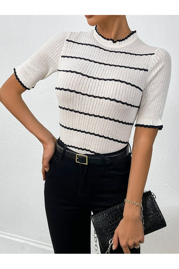 Women's Wool Blend Striped Rib Knit Half-Sleeve Pullover - Classic French Style Mock Neck Sweater