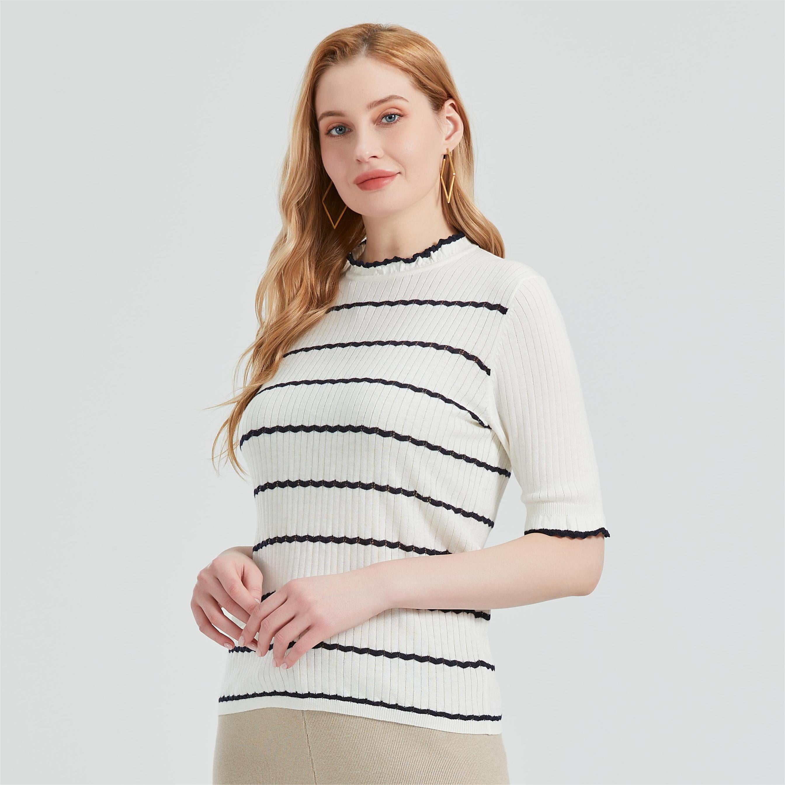 Women s Wool Blend Striped Rib Knit Half Sleeve Pullover Classic French Style Round Neck Sweater Walmart