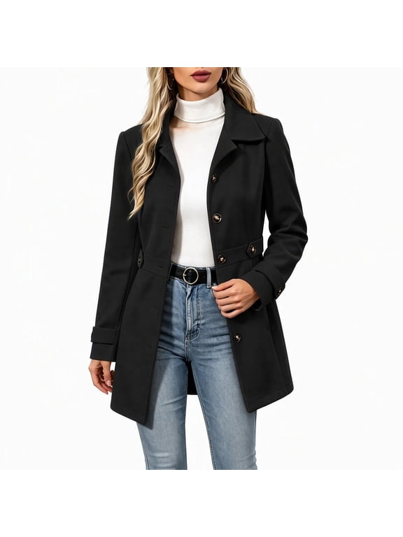 Women's Wool Blend Trench Coat Lapel Collar Single Breasted Belted Waist Long Sleeve Business Casual Dressy Fall Winter Outerwear Jacket Black