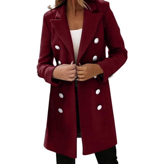 Women's Wool Blend Trench Coat Long Double Notch Lapel Peacoat Jacket for Business Casual Fall Winter Outerwear