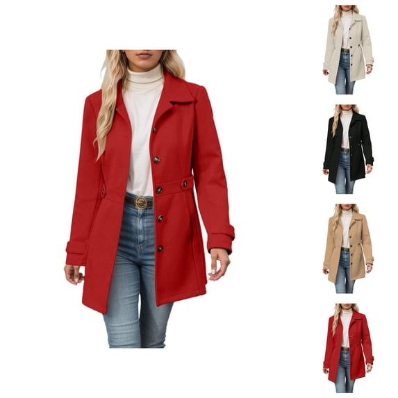 Women's Wool Blend Trench Coat Mid Length Double Button Front Elegant Slim Fit Overcoat For Fall Winter Casual Wear