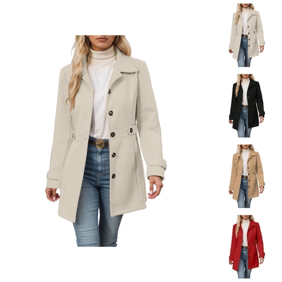 Women's Wool Blend Trench Coat Mid Length Double Button Front Elegant Slim Fit Overcoat For Fall Winter Casual Wear