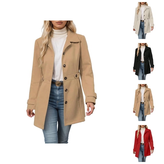 Women's Wool Blend Trench Coat Mid Length Double Button Front Elegant Slim Fit Overcoat For Fall Winter Casual Wear