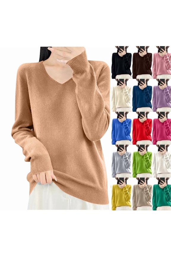 Women's Wool Blend Weaters Long Sleeve V Neck Pullover Basic Tops Cozy Knit Sweater Lightweight Warm Fall Clothing Gold XL