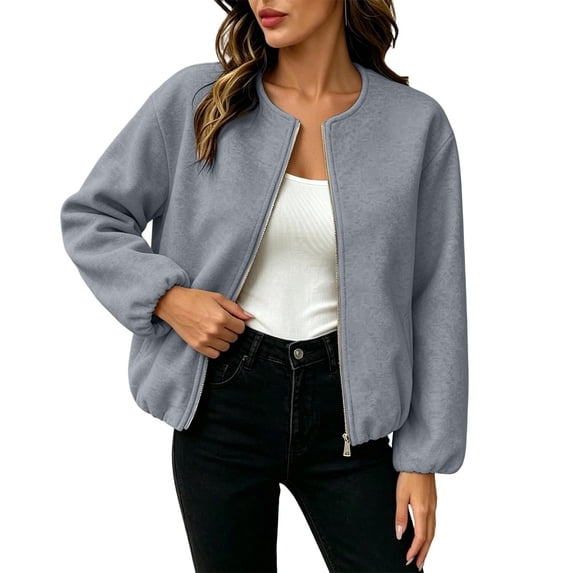Women's Wool Blend Zip-Up Casual Jacket Ghalytn Round Neck Cropped Long Sleeve Loose Outerwear with Pockets