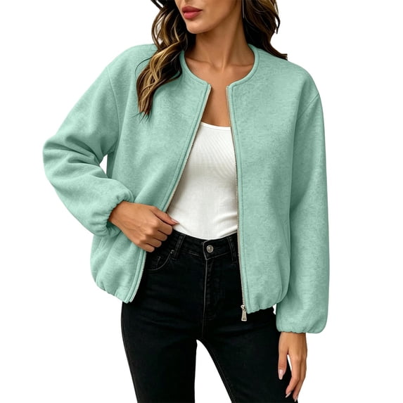 Women's Wool Blend Zip-Up Casual Jacket Ghalytn Round Neck Cropped Long Sleeve Loose Outerwear with Pockets