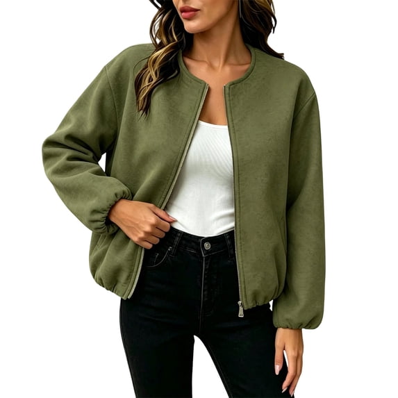 Women's Wool Blend Zip-Up Casual Jacket Ghalytn Round Neck Cropped Long Sleeve Loose Outerwear with Pockets