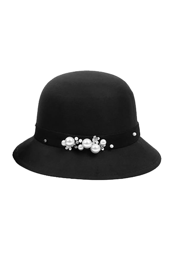 Women's Wool Bucket Hat, Korean Style Dome Crown Sun Hat with Beaded Band, British Retro Winter Hat for Autumn Fashion and Casual Outfits-Black