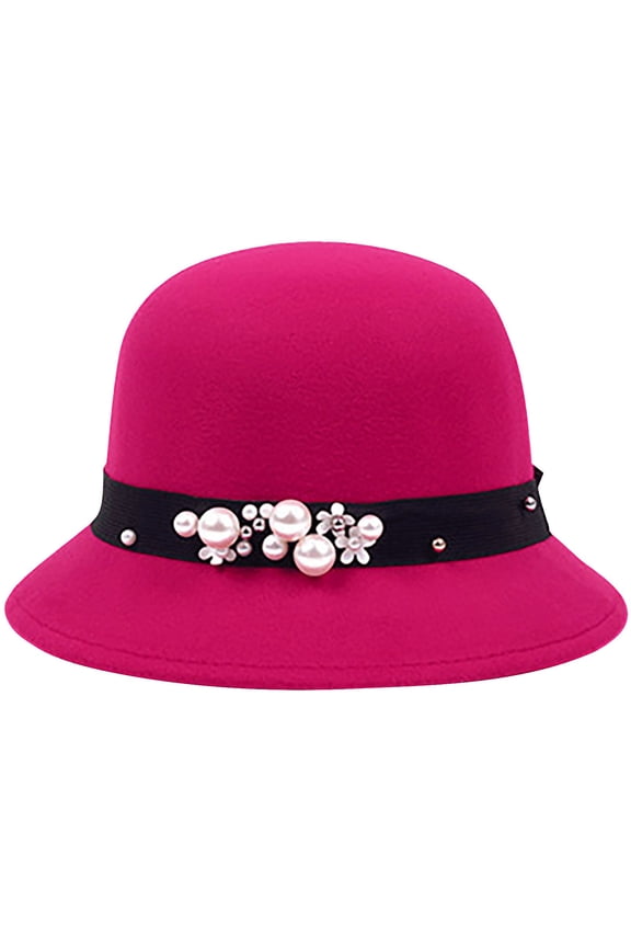Women's Wool Bucket Hat, Korean Style Dome Crown Sun Hat with Beaded Band, British Retro Winter Hat for Autumn Fashion and Casual Outfits-Hot Pink
