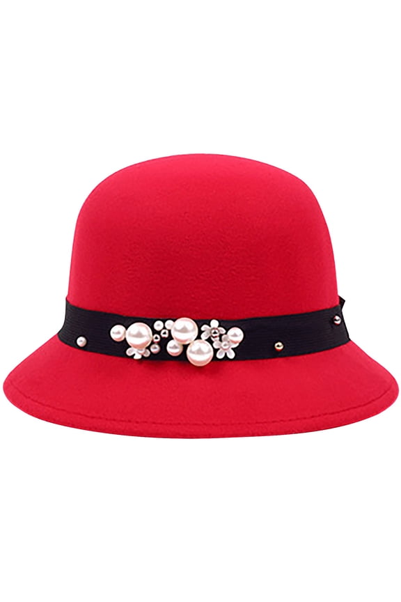 Women's Wool Bucket Hat, Korean Style Dome Crown Sun Hat with Beaded Band, British Retro Winter Hat for Autumn Fashion and Casual Outfits-Red