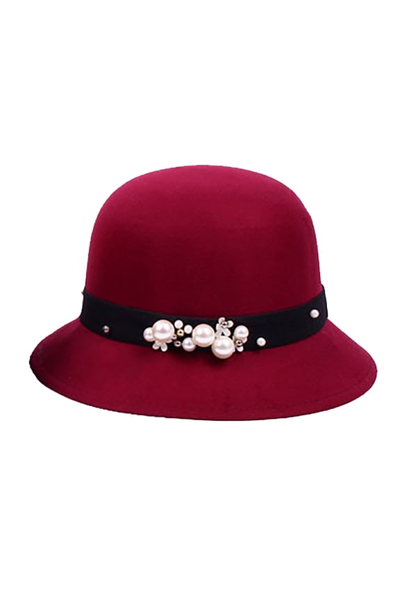 Women's Wool Bucket Hat, Korean Style Dome Crown Sun Hat with Beaded Band, British Retro Winter Hat for Autumn Fashion and Casual Outfits-Wine