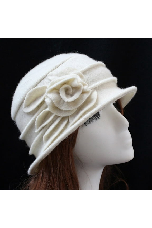 Women's Wool Cloche Hat, Elegant Wide Brim Winter Hat with 3D Floral Decoration, Warm Wool Bucket Cap for Winter Fashion, Special Occasions and Everyday Chic Outfits-White