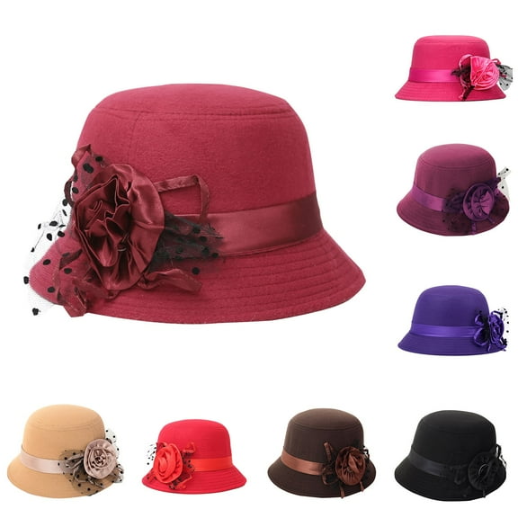 Women's Wool Cloche Hat with Flower Accent Wide Brim Winter Warm Bowler
