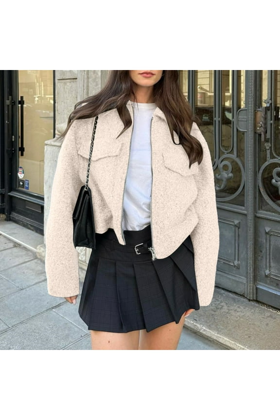 Women's Wool Coat Casual Copped Jacket Zip Up Fall Shacket Coat Outerwear With Pockets Open Sweater Dresses for Women down Filled Womens Jackets Womens plus Size Winter Coats Long Sleeve Outwear plus