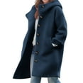 thumbnail image 1 of Women's Wool Coat Hooded Button Down Stand Collar Woolen Cardigan Solid Color Casual Loose Stylish Jackets With Pockets (M, Navy), 1 of 6