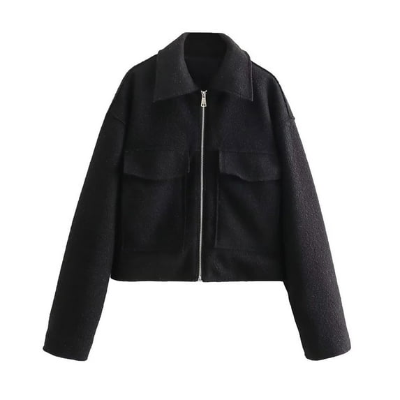 Women's Wool Coat Lapel Zipper Up Copped Bomber Jacket Outerwear with Pockets