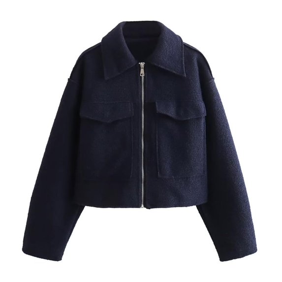 Women's Wool Coat Lapel Zipper Up Copped Bomber Jacket Outerwear with Pockets