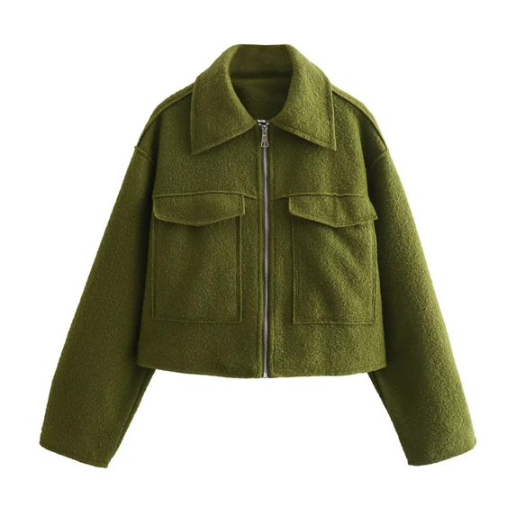 Women's Wool Coat Lapel Zipper Up Copped Bomber Jacket Outerwear with Pockets