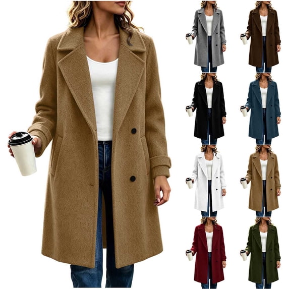 Women's Wool Coat, Women's Wool Blend Coat Double Breasted Long Sleeve Lapel Mid-Length Trench Coat with Pockets for Fall Winter Daily Wear(Brown,S)