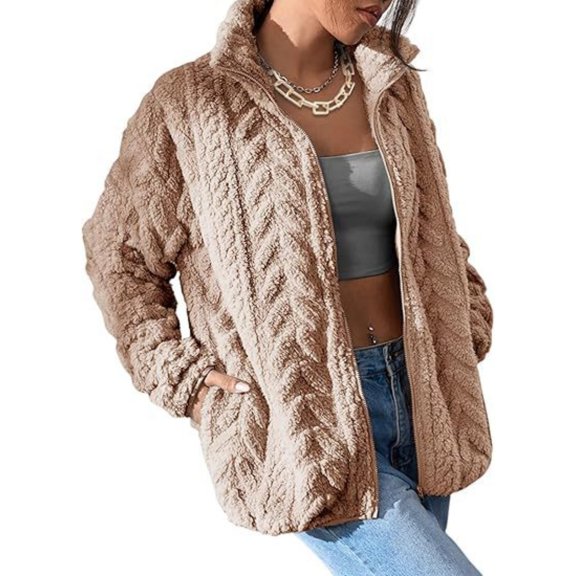 Women's Wool Coat Zipper Stand-Up Collar Pocket Coat