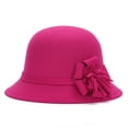 thumbnail image 1 of Women's Wool Dome Hat with Flower, Vintage Wide Brim Cloche Hat, Retro Winter Princess Hat for Cold Weather, Church Wedding, Outdoor Travel, and Sun Protection-Hot Pink, 1 of 2