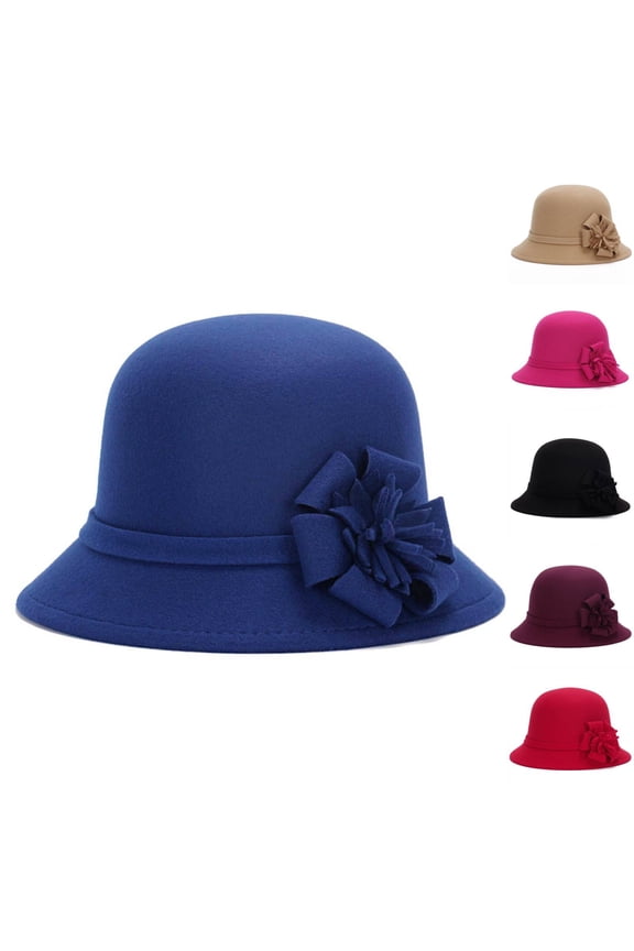 Women's Wool Dome Hat with Flower, Vintage Wide Brim Cloche Hat, Soft Warm Winter Hat for Fall Winter Beach Travel, Sun Protection and Elegant Occasion-Black