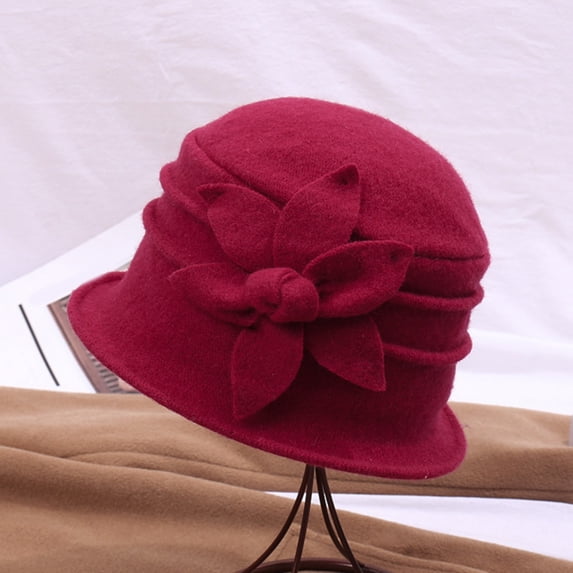 Women's Wool Felt Basin Hat with Flower, Warm Winter Cloche Hat for Outdoor, Windproof Mother Hat for Travel, Work, and Daily Winter Wear Red