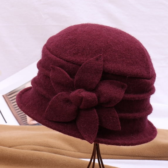 Women's Wool Felt Basin Hat with Flower, Warm Winter Cloche Hat for Outdoor, Windproof Mother Hat for Travel, Work, and Daily Winter Wear Wine