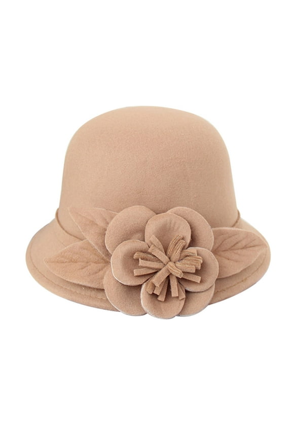 Women's Wool Felt Bowler Hat, Elegant Round Top Cloche with 3D Flower Decor, Wide Brim Church Wedding Tea Party Hat, Adjustable Vintage Style Hat for Fall and Winter-Beige