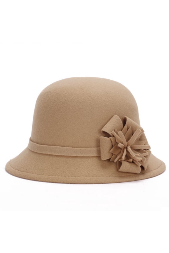 Women's Wool Felt Dome Hat with Floral Decoration, Vintage Wide Brim Cloche Hat for Autumn Winter, Retro Church Hat for Travel, Daily Wear, and Special Occasions Khaki