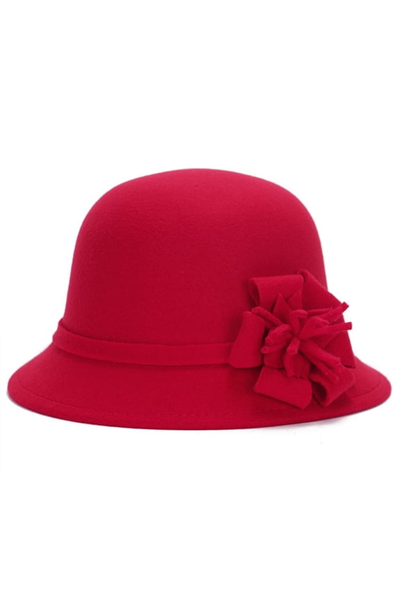 Women's Wool Felt Dome Hat with Floral Decoration, Vintage Wide Brim Cloche Hat for Autumn Winter, Retro Church Hat for Travel, Daily Wear, and Special Occasions Red