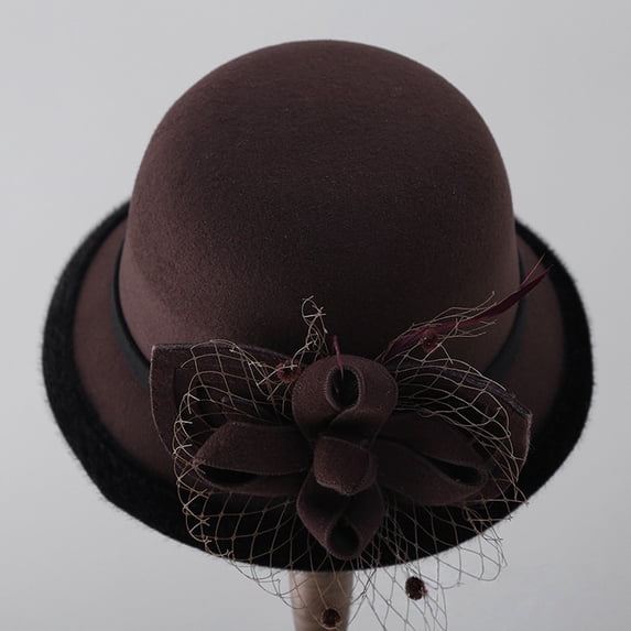 Women's Wool Felt Hat with Elegant Net Fabric Flower, Round Top Bucket Hat for Women, Vintage Tea Party Hat for Church, Wedding, and Special Occasions - Brown
