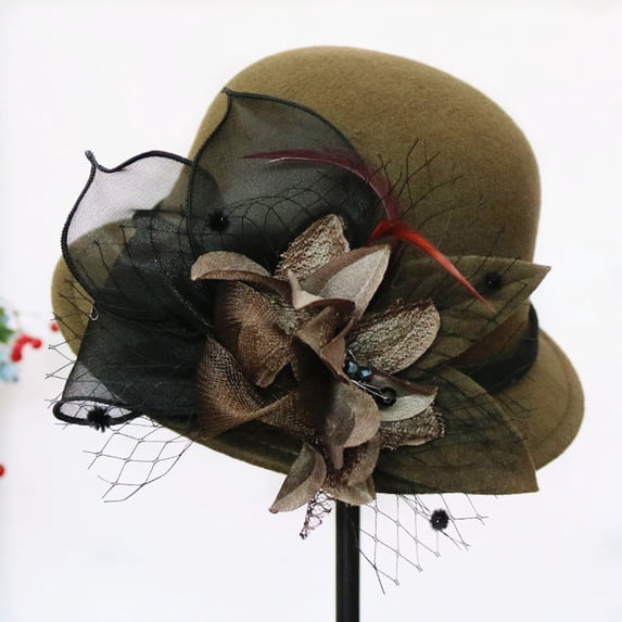 Women's Wool Felt Hat with Elegant Net Fabric Flower, Round Top Bucket Hat for Women, Vintage Tea Party Hat for Church, Wedding, and Special Occasions - Green