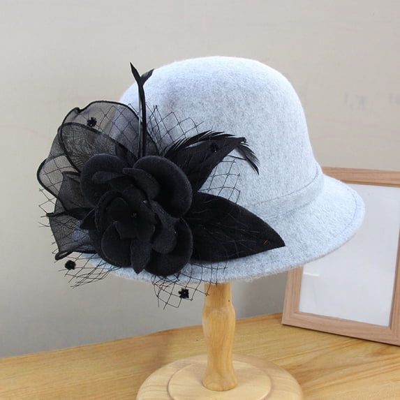 Women's Wool Felt Hat with Elegant Net Fabric Flower, Round Top Bucket Hat for Women, Vintage Tea Party Hat for Church, Wedding, and Special Occasions - Grey