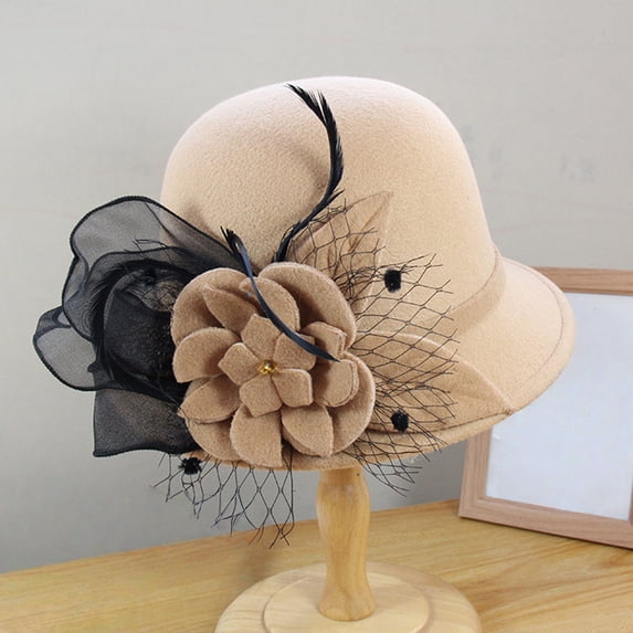 Women's Wool Felt Hat with Elegant Net Fabric Flower, Round Top Bucket Hat for Women, Vintage Tea Party Hat for Church, Wedding, and Special Occasions - Khaki