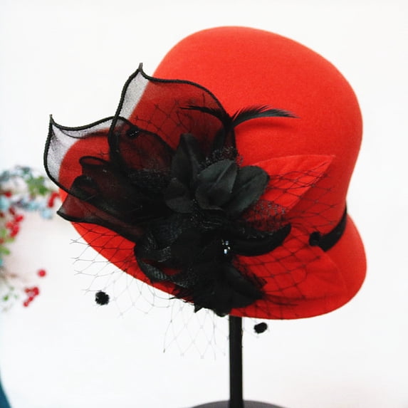 Women's Wool Felt Hat with Elegant Net Fabric Flower, Round Top Bucket Hat for Women, Vintage Tea Party Hat for Church, Wedding, and Special Occasions - Red