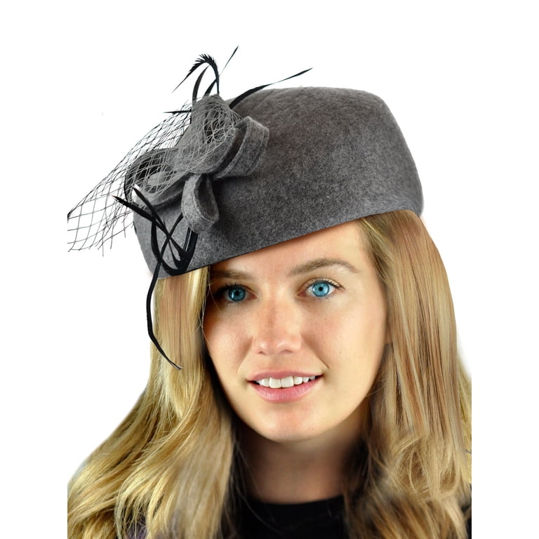 Women\'s Brown Wool Felt Fascinator Hat with Black Feather Accent One off Piece - Dark Grey Black Wool Tweed Brown Pheasant  main image 4