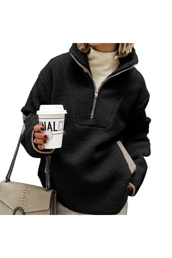 Women's Wool Half Zipper Jacket - Comfortable and Warm Long Sleeve Sweatshirt with Pocket Splicing Coat