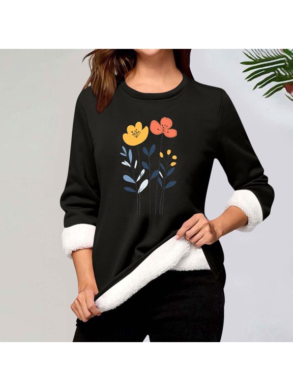 Women's Wool Long Sleeve Round Neck Winter Printed Lamb Fleece Warm Base Top for Fall